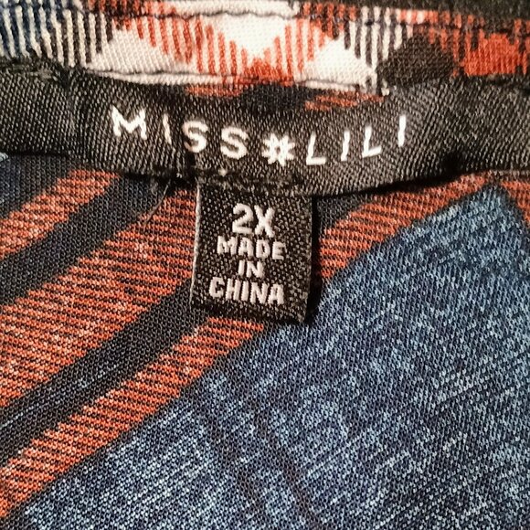 EUC: Miss Lili Sze 2X Blue Plaid Zip-Front Top - Picture 3 of 4